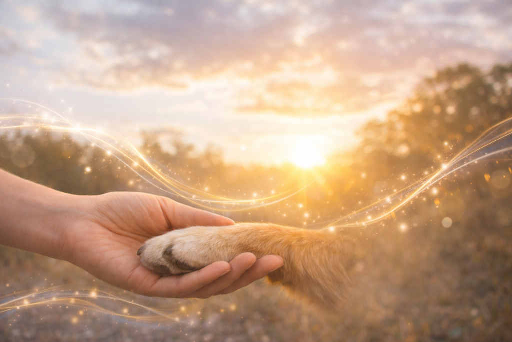 Main humaine tenant la patte d’un chien – accompagnement des familles sensibles à Couesmes